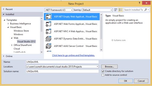 create new asp.net empty web application for linq to xml example