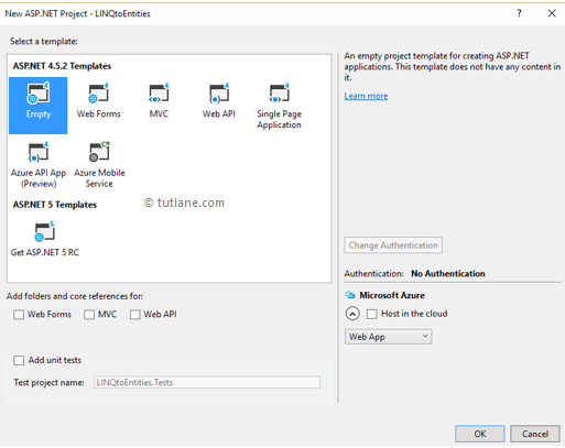 Select asp.net empty template to create linq to entities application