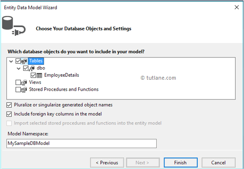 Select required tables from database in entity data model wizard
