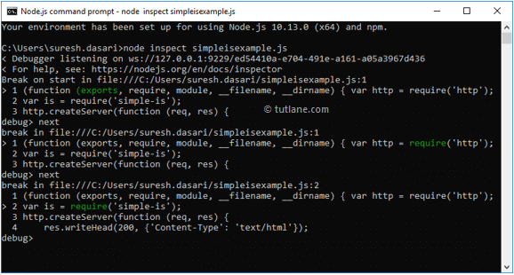 Node.js debug application with next line command
