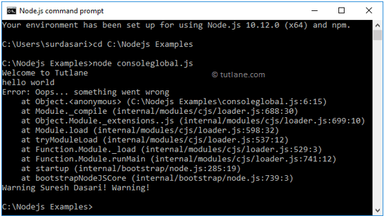 Node.js Global Console Object Example Result