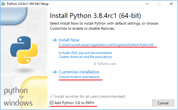 Choose options to install latest python for windows