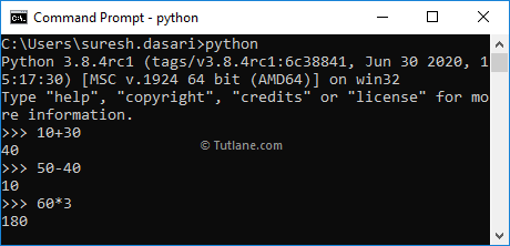 Python interpreter command prompt examples 