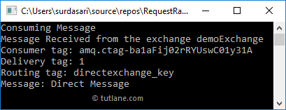 C# RabbitMQ Direct Exchange Consuming Data from Queue Example Result