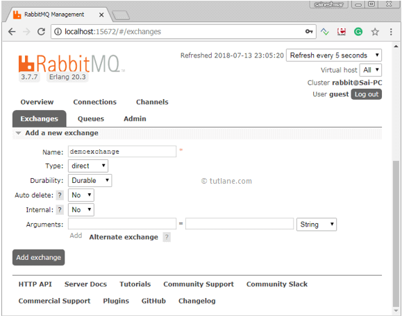 Click on Add exchange button to create exchange in rabbitmq