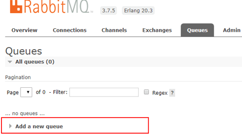 RabbitMQ queues section to create new queue