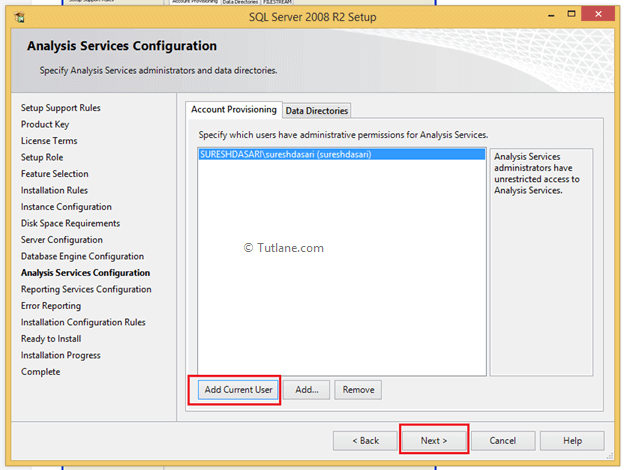 Add current user to install sql server analysis services