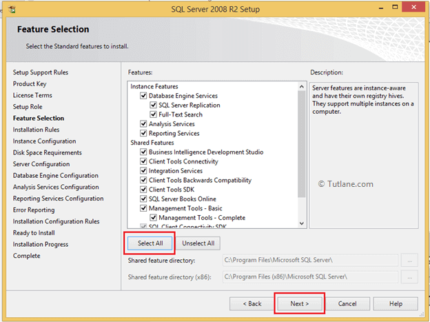 Select all features to install sql server