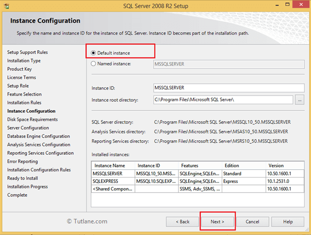 Select default instance to install sql server