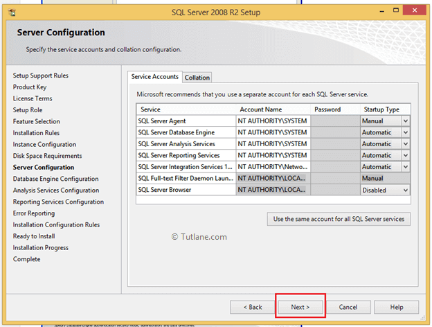 Server configuration for user accounts to install sql server