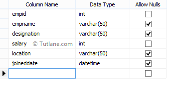 SQL Create new table by entering column name, datatype and null values