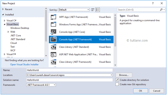 Select Visual Basic and Console App to Create a Visual Basic Project using Visual Studio